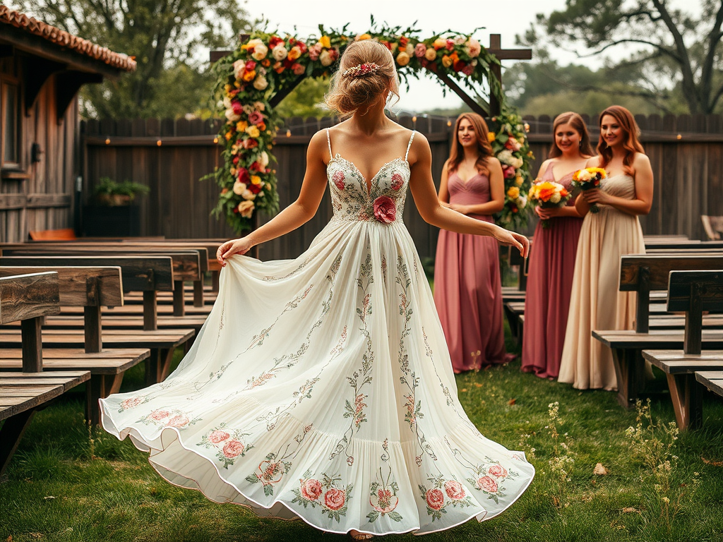 Une femme en robe blanche ornée de fleurs tourne, entourée de demoiselles d'honneur dans un cadre romantique.