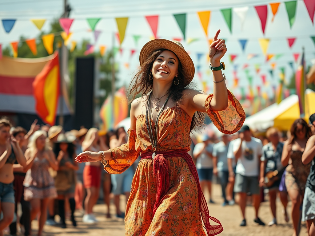 Une femme souriante danse joyeusement dans une foule lors d'un festival, entourée de drapeaux colorés.