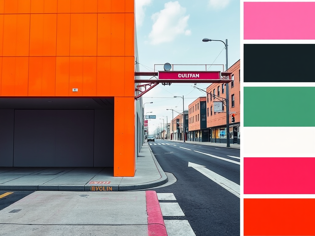 Une rue paisible avec un bâtiment orange et un panneau "CULIFAN" au-dessus, accompagné de palettes de couleurs.