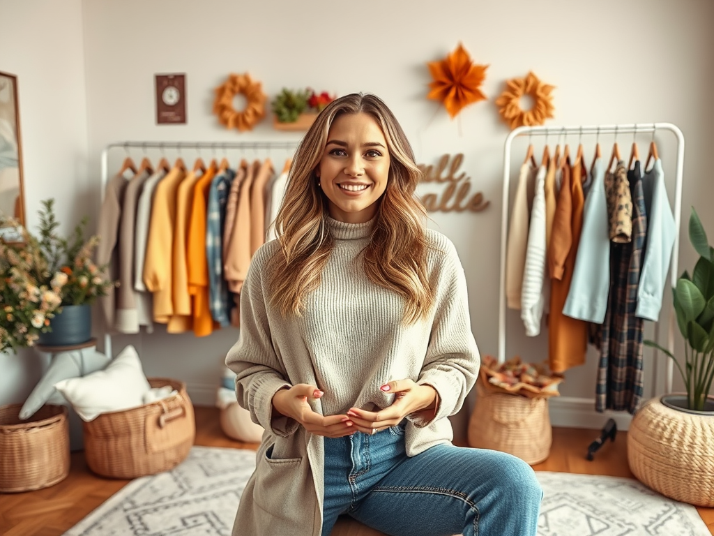 Une femme souriante est assise dans une pièce chaleureuse, entourée de vêtements colorés et de plantes.