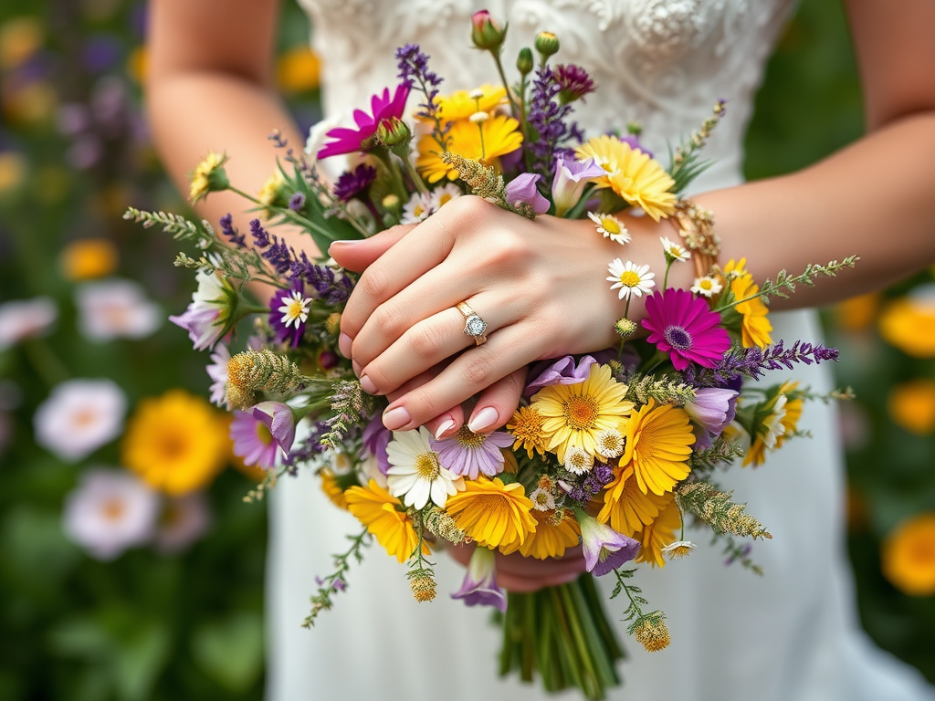 Un bouquet coloré de fleurs aux teintes vives, tenu par une main avec une belle bague à l'annulaire.