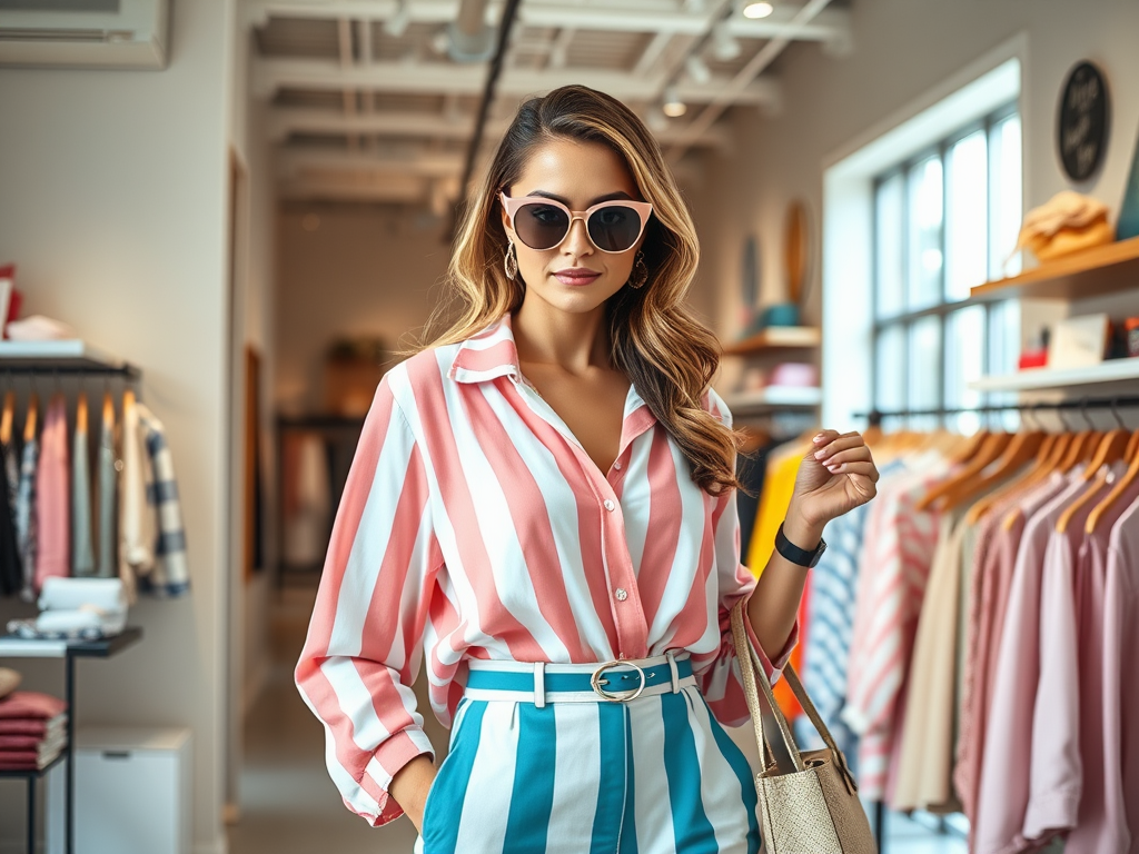 Une femme élégante porte une chemise rayée rose et blanche avec un pantalon bleu, dans un magasin de vêtements.