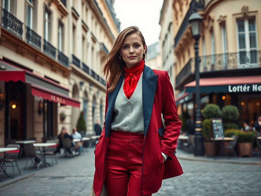 Une femme élégante en costume rouge se tient dans une rue pavée, avec des cafés en arrière-plan.