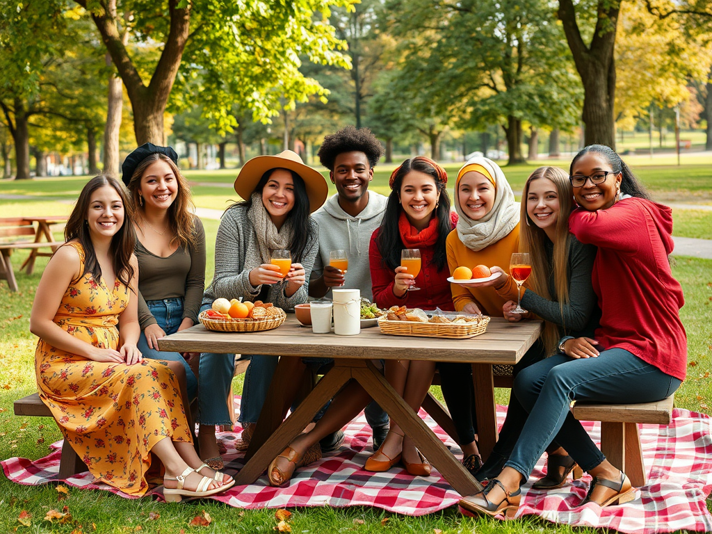 Un groupe de femmes souriantes partage un pique-nique joyeux dans un parc, entouré d'arbres et de nature.