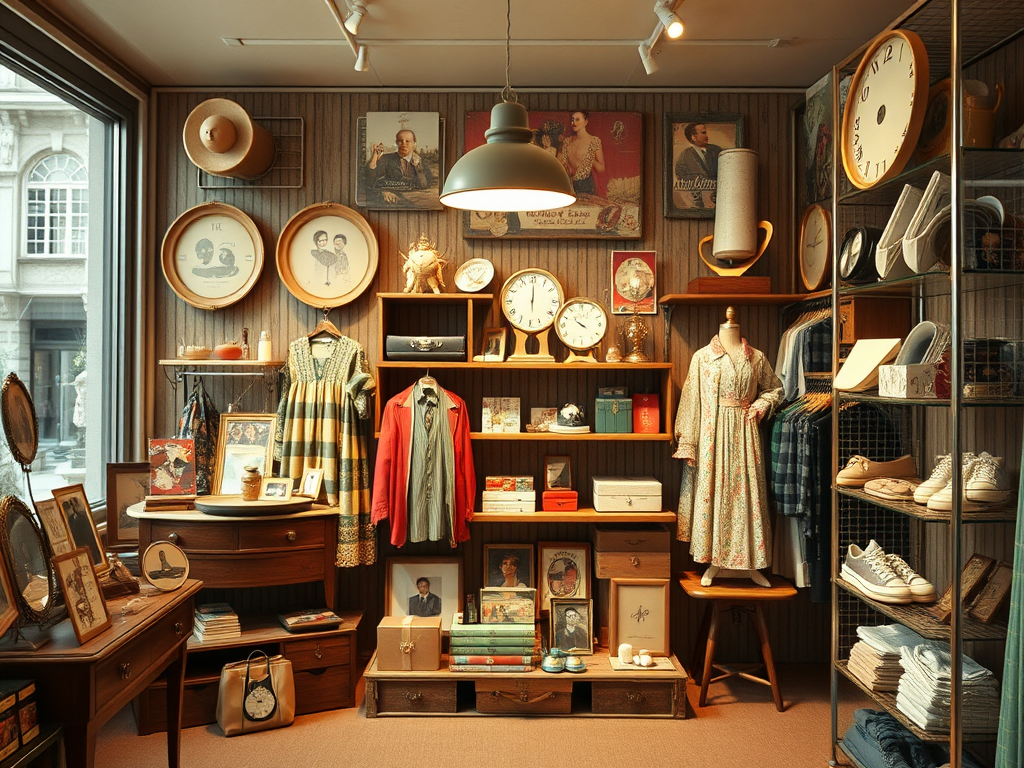 Vitrine d'un magasin vintage avec des vêtements, des horloges et des objets décoratifs sur des étagères en bois.