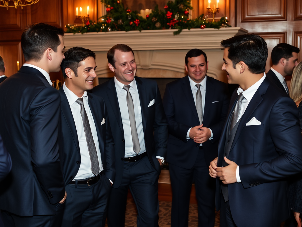 Un groupe d'hommes en costume discute joyeusement près d'une cheminée décorée pour les fêtes.