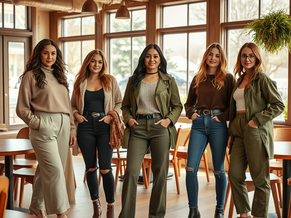 Cinq femmes posent dans un café, portant des vêtements stylés et variés, avec une ambiance chaleureuse.