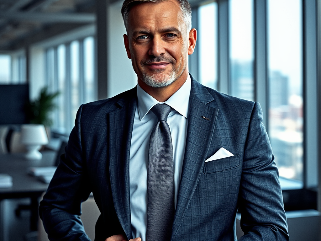 Un homme d'affaires souriant en costume, dans un bureau moderne avec de grandes fenêtres.