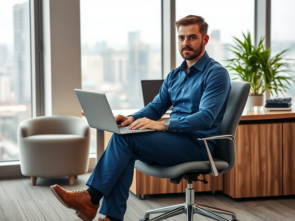 Un homme en chemise bleue assis dans un bureau moderne, travaillant sur un ordinateur portable avec une vue extérieure.