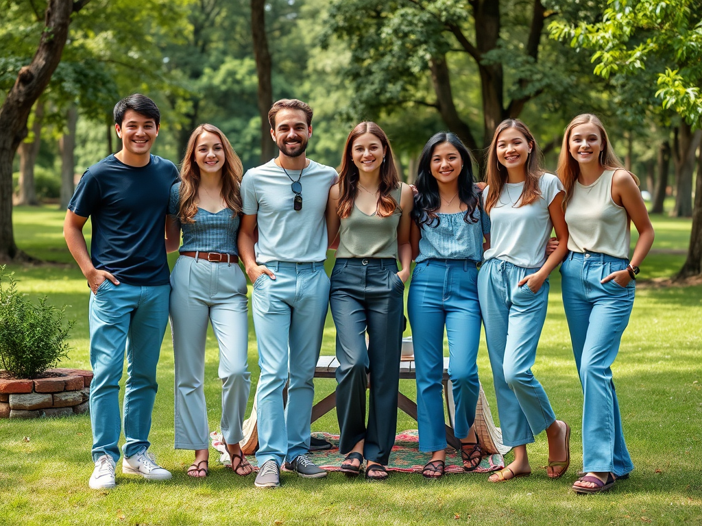 Un groupe de sept jeunes adultes souriants, habillés de manière décontractée, posent dans un parc verdoyant.