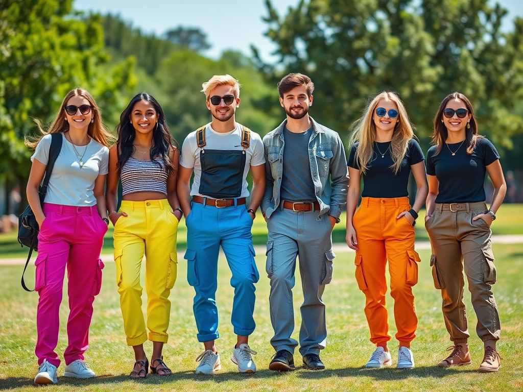 Six jeunes adultes souriants portent des pantalons colorés dans un parc ensoleillé. Ambiance amicale et décontractée.