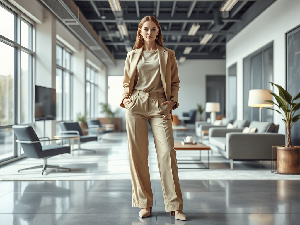 Une femme élégante en costume beige se tient dans un bureau moderne avec de grandes fenêtres.