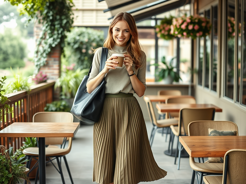 Une femme souriante tient un café dans un café avec des plantes et des tables en bois autour d'elle.