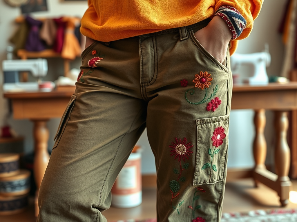 Un gros plan sur un pantalon vert olive avec des broderies florales colorées et une chemise jaune. Atelier de couture en arrière-plan.