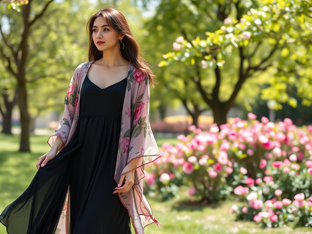 Une femme élégante en robe noire et kimono floral se promène dans un jardin rempli de fleurs roses.