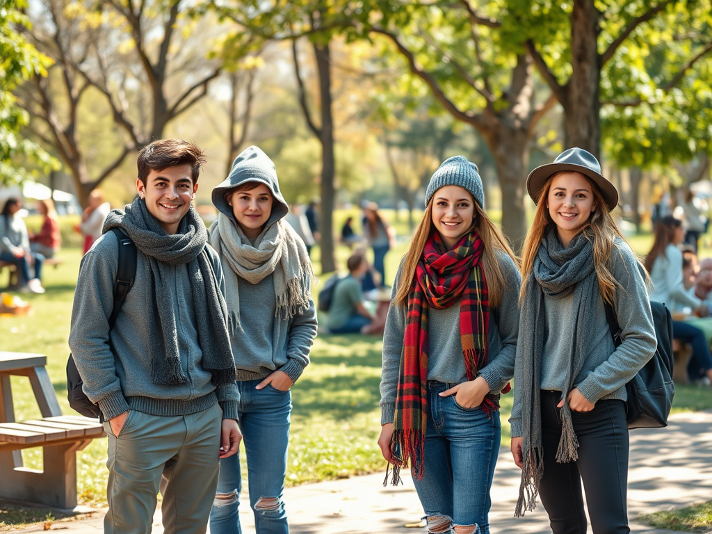 Quatre jeunes amis souriants, vêtus de pulls et d'écharpes, posent dans un parc ensoleillé.