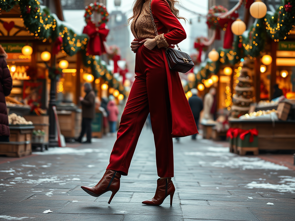 Une femme en tenue rouge marche dans un marché festif décoré pour les fêtes, avec de la neige au sol.