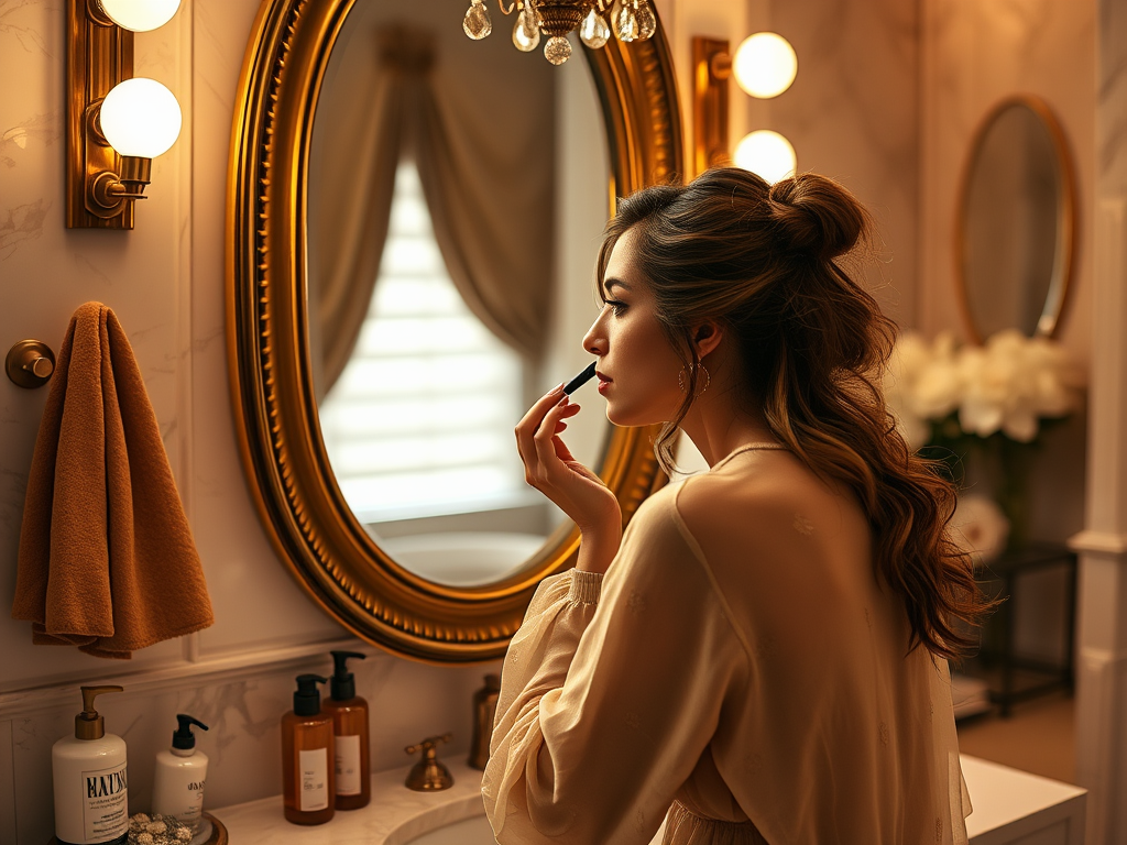 Une femme se maquille devant un miroir dans une salle de bain élégante, entourée de produits de beauté.