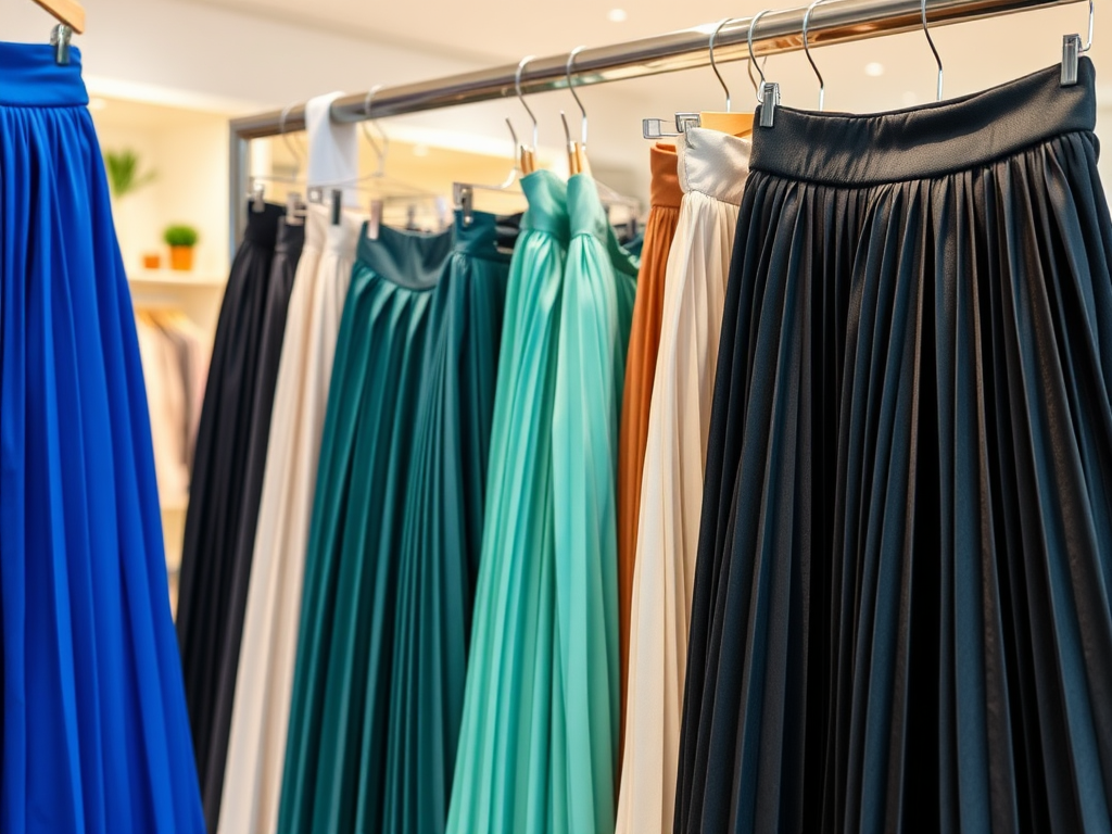 Une rangée de jupes de couleurs variées, suspendues sur un portant dans un magasin de vêtements.