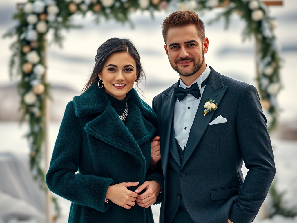 Un couple élégant pose ensemble dans un cadre romantique en extérieur, avec des décorations florales.