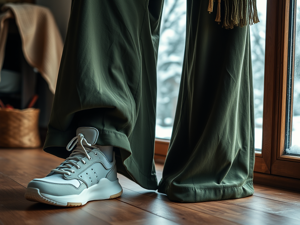 Une paire de chaussures blanches se trouve sous un pantalon vert, près d'une fenêtre avec de la neige à l'extérieur.